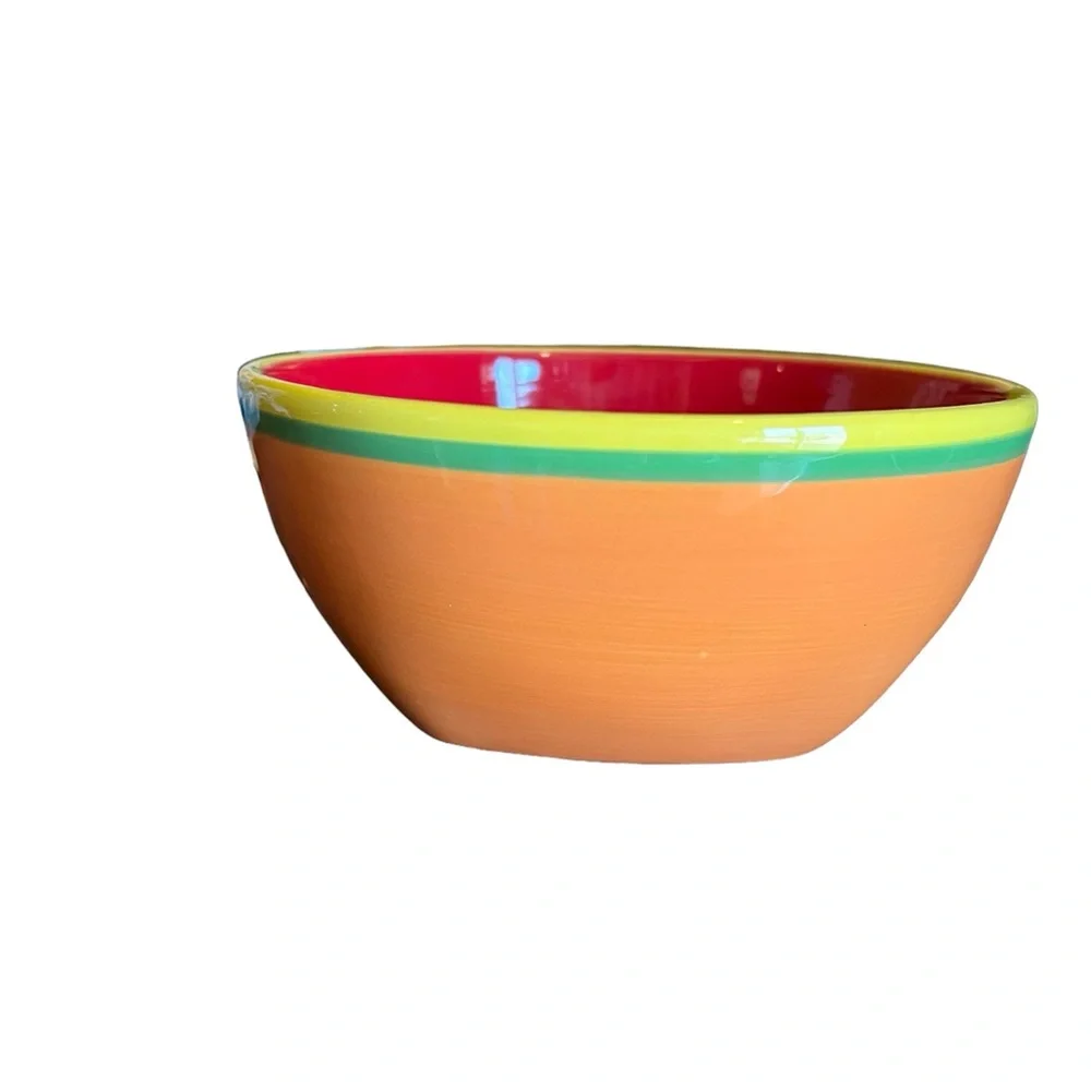 Dansk Caribe Aruba Orange Bowl Soup Cereal 6" Yellow Green Stripe Red Interior - Picture 1 of 4
